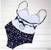 Blue Floral Padded Strappy Backless Bikini Set Tankini Monokini 1-piece Swimwear