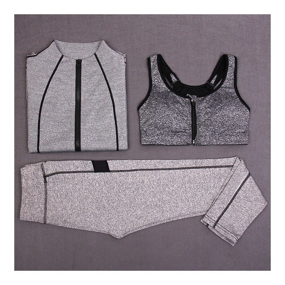 Breathable Woman Running Sports Fitness Yoga Clothes 3pcs Set   light grey