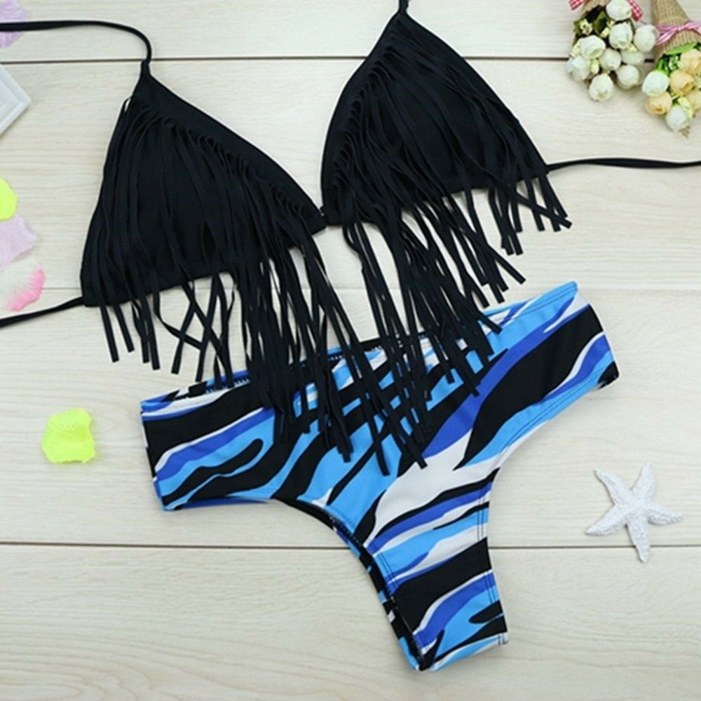 Swimwear Swimsuit Tassel Leopard Print Bikini  blue striation
