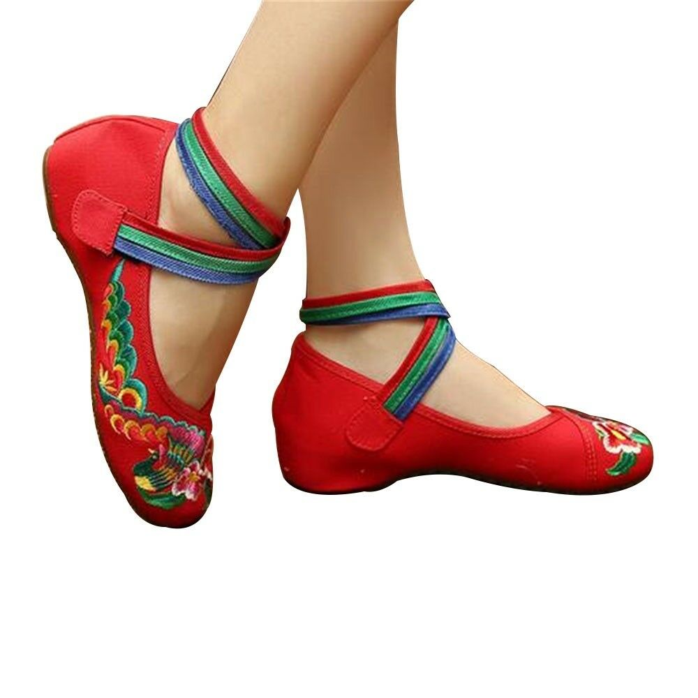 Chinese Embroidered Floral Shoes Women Ballerina Mary Jane Flat Ballet Cotton Lo