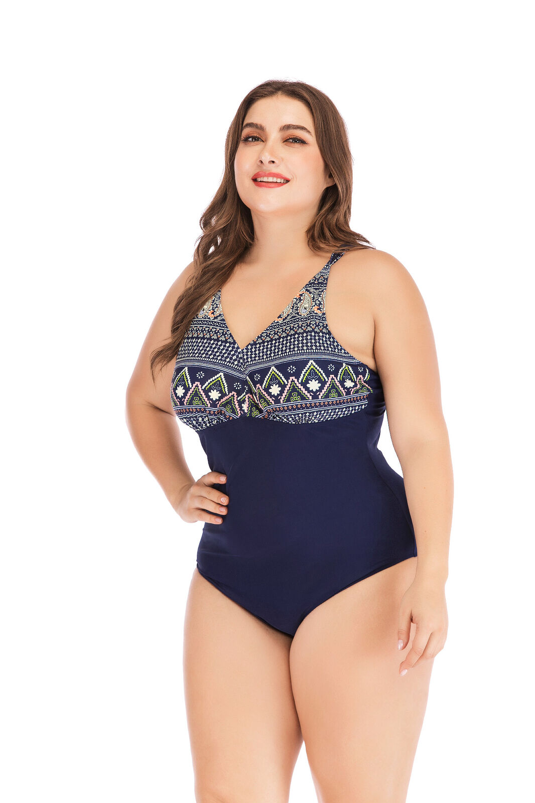 Women Classic Blue Chromatic Geometric Pattern Padded One Piece  Swimsuit Padded