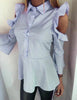 Black Blue Pink & White  Stripe Frill Cold Shoulder Shirt Blouse Top