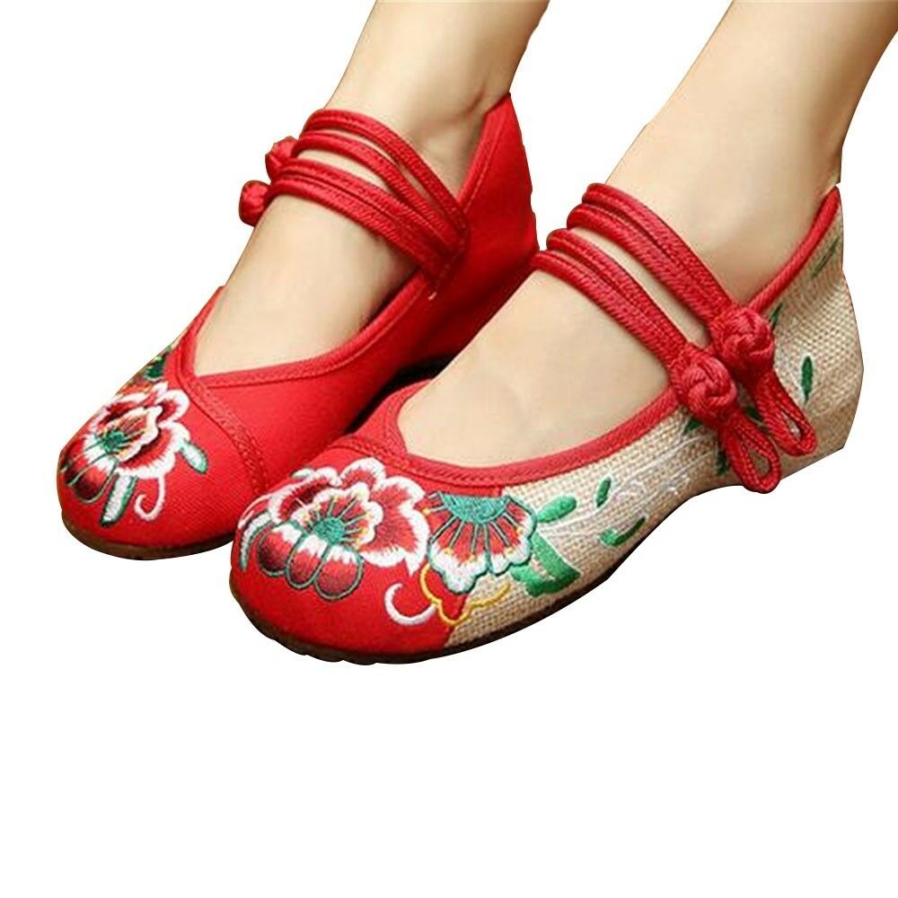 Chinese Embroidered Floral Shoes Women Ballerina Mary Jane Flat Ballet Cotton Lo