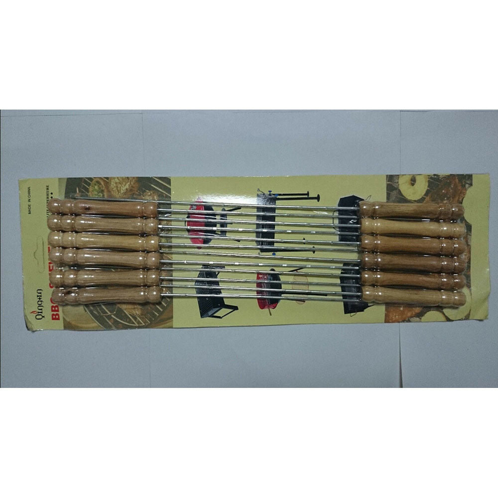 12Pcs Stainless Steel BBQ Barbeque Skewers Wooden Handle 16