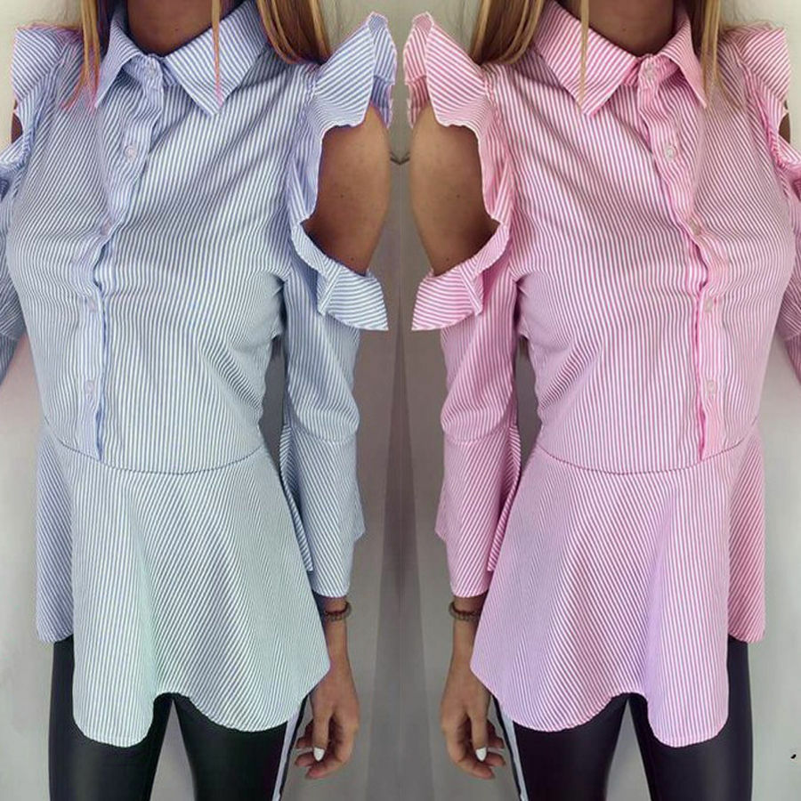 Black Blue Pink & White  Stripe Frill Cold Shoulder Shirt Blouse Top
