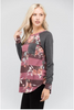Burgundy Floral Stripe Casual Jersey Top with Grey Sleeves