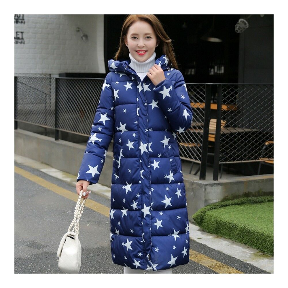 Beautiful Down Coat Long Thick Printing Woman Cotton Coat long sleeve blue