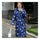 Beautiful Down Coat Long Thick Printing Woman Cotton Coat long sleeve blue