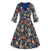 Hepburn Style Lapel Printing Big Peplum Vintage Dress    navy