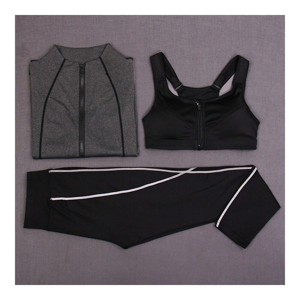 Breathable Woman Running Sports Fitness Yoga Clothes 3pcs Set    dark grey