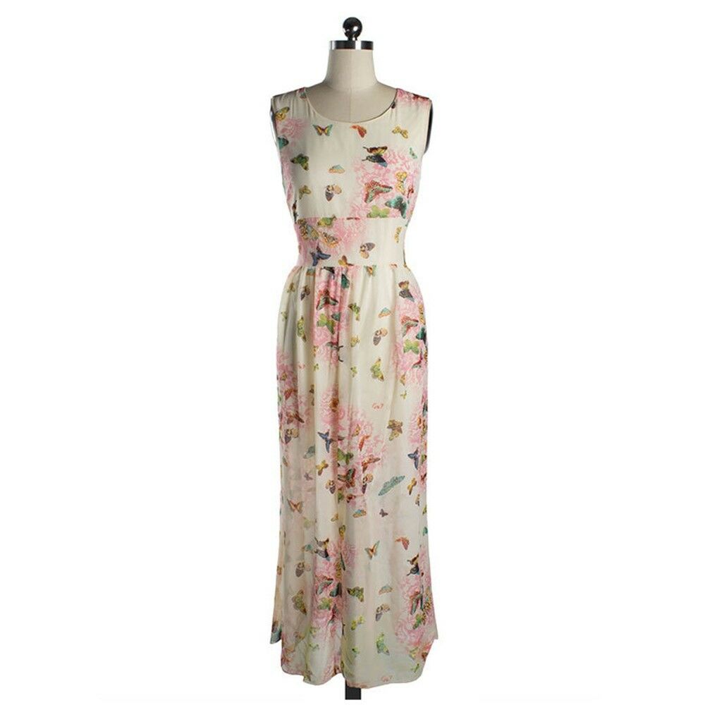 Bohemian Chiffon Long Dress Sleeveless Printing   pink