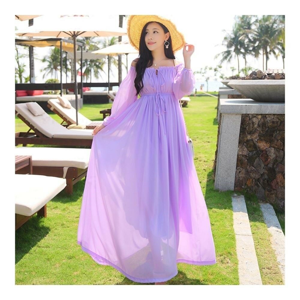 Boat Neck Off-shoulder Ballon Sleeve Beach Long Dress   violet  S