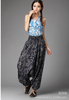 Retro Floral Dark Blue Linen Woven Baggy Harem  Yoga Dancing Trousers Pants