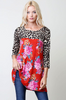Blossom Floral Casual Jersey Top w Leopard Print Sleeves 4 Colors