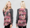 Burgundy Floral Stripe Casual Jersey Top with Grey Sleeves