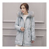 Hooded Middle Long Racoon Down Coat Woman Slim Warm   grey blue