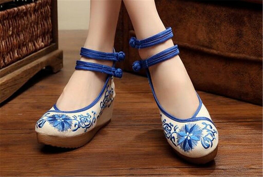 Chinese Embroidered Shoes Women Ballerina  Cotton Elevator shoes Blue