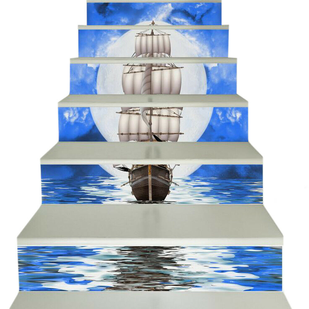 New 3D DIY PVC Waterproof  Stair Decals Wall  Floor Sticker Sailing boat QS017