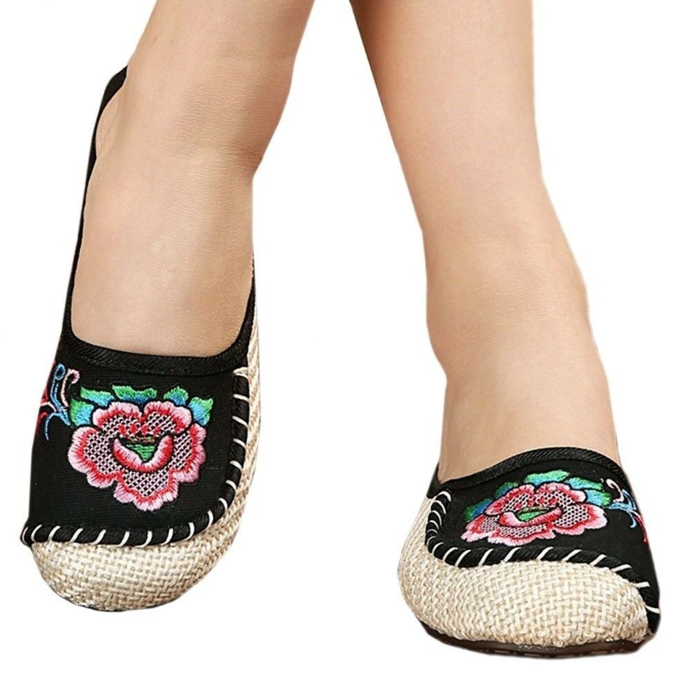 Old Beijing Cloth Embroidered Shoes Flax Sandals Slippers  black