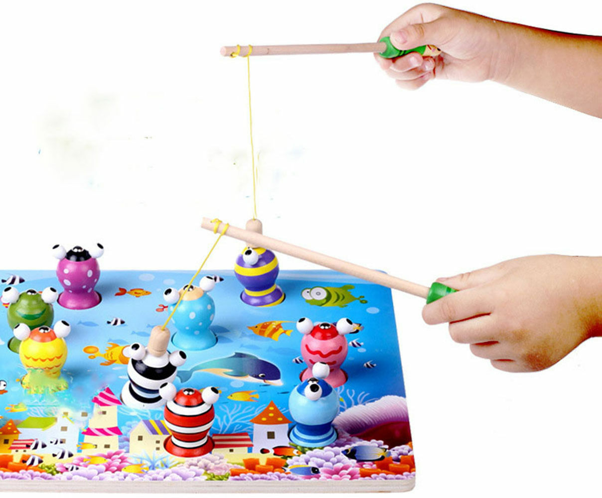 Brand New Wooden Magnetic Fishing Game Wooden stereoscopic 3D magnetic fishing