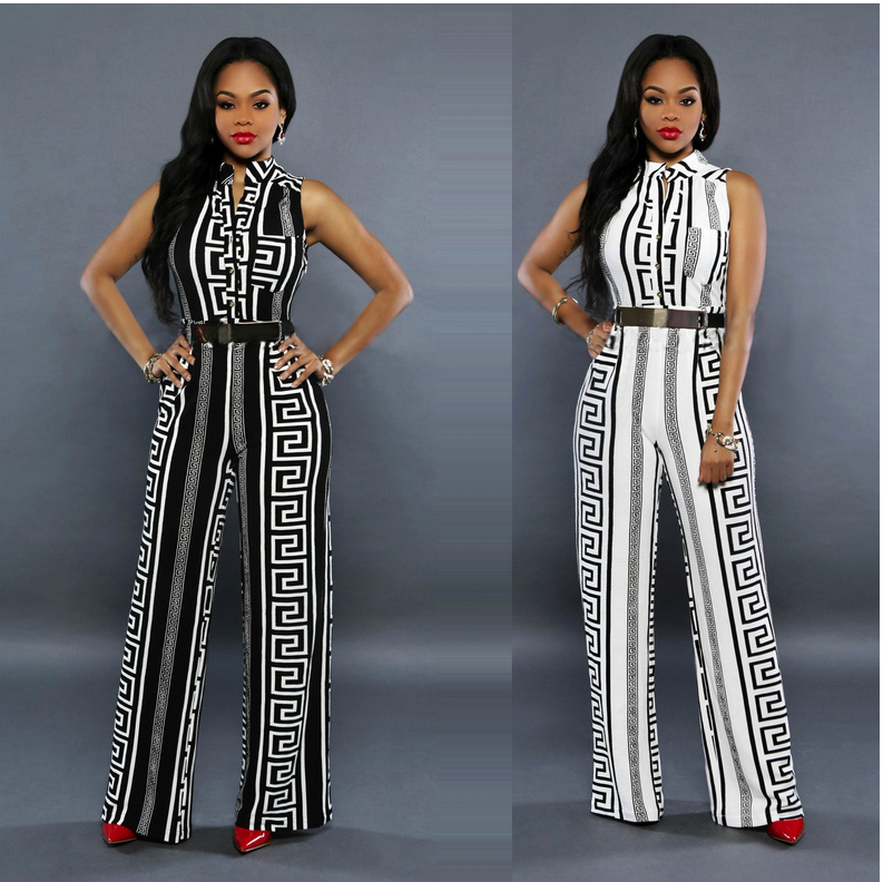 Black Geo Print Wide Leg Jumpsuit with free Gold Plate Metallic Belt