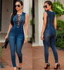 Blue Denim Sleeveless Faded Jeans Cross Neck Jumpsuit Overalls
