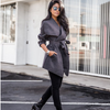 Damen Mode Schwarz Khaki Grau Großer Kragen Gebundener Bund Mantel Winterjacke