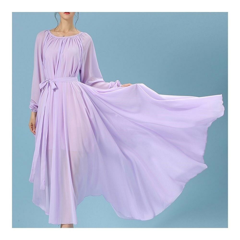 Long Sleeve Dress Bohemian Long Skirt Chiffon   light purple   S