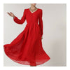 V-necked Chiffon Slim Middle Long Dress   red   S