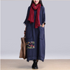 Blau Leinen Gewoben Stoff Patch Übergroßer Baggy-Stil Tunika Kleid