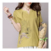 Loose Plus Size Cotton&Flax Casual Top T-shirt   yellow green