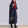 Bleu Lin Tissé Chiffon Patch Surdimensionné / Ample Robe Tunique