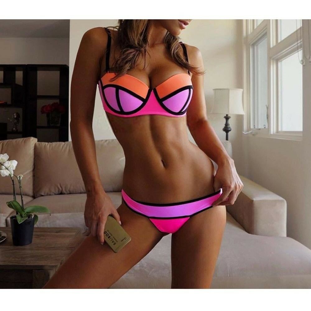NEOPRENE Colorful T-back Bikini Swimwear Swimsuit Bathing Suit  pink