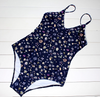 Blue Floral Padded Strappy Backless Bikini Set Tankini Monokini 1-piece Swimwear