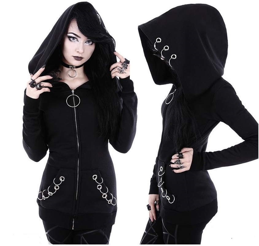 Black Witch Craft Punk Gothic Loop Fleece Hoodie Sweatshirt Top Plus Size