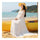 Boat Neck Off-shoulder Ballon Sleeve Beach Long Dress   white   S