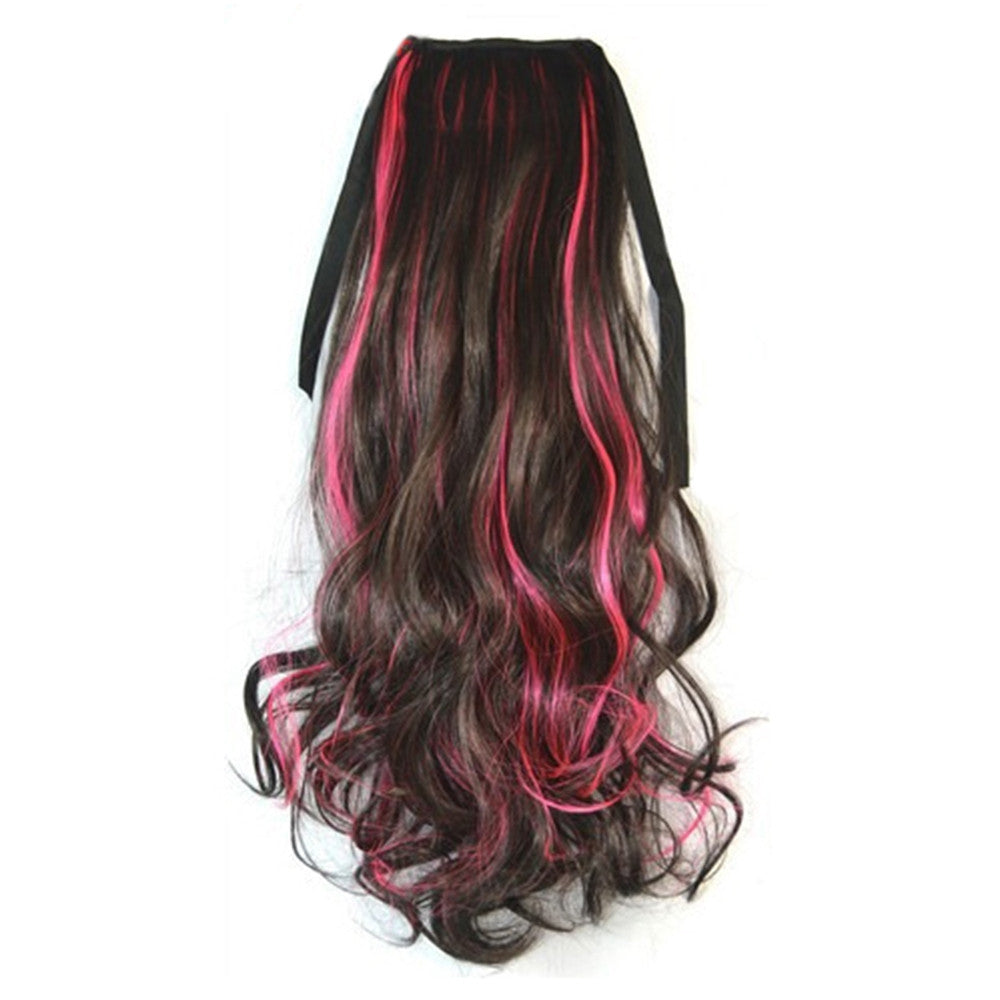 Curled Horsetail Highlights Gradient Ramp Wig    brown black with pink 4HFH#