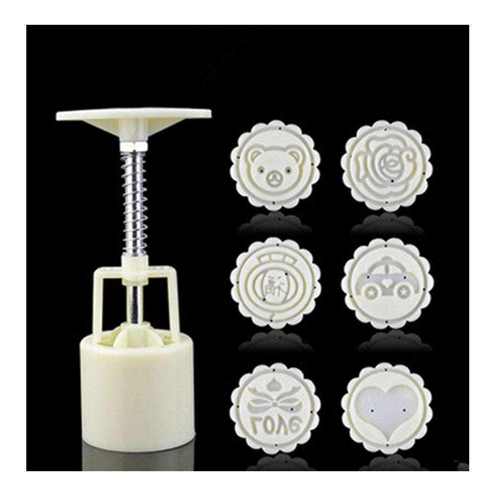 Round Shape Moon Cake Pastry Mold Hand Pressure 50g One Barrel 6 Flower piece baking mold for Mid-Autumn - Mega Save Wholesale & Retail