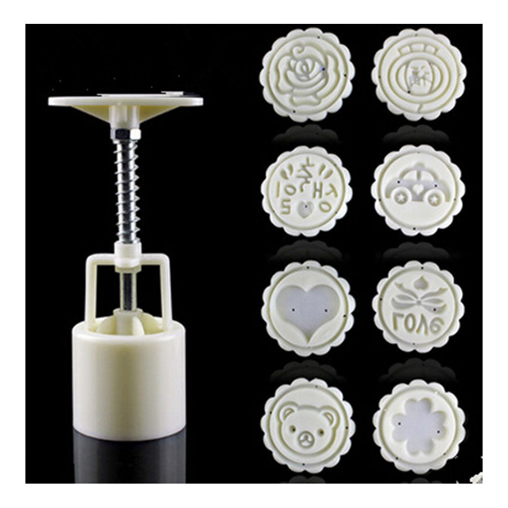 Round Shape Moon Cake Pastry Mold Hand Pressure 50g One Barrel 8 Flower piece baking mold for Mid-Autumn - Mega Save Wholesale & Retail