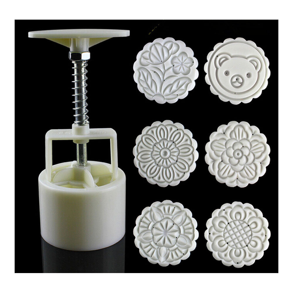 Round Shape Moon Cake Pastry Mold Hand Pressure 75g One Barrel 6 Flower piece baking mold for Mid-Autumn - Mega Save Wholesale & Retail