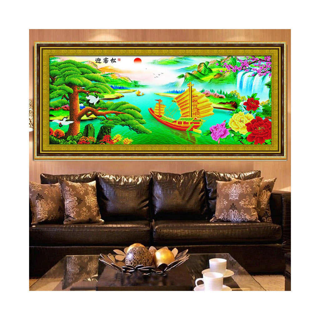 Printing 5D Round Diamond Living Room Diamond Paste Cross Stitch The Pine Greeting Guests Wealthy and Happy - Mega Save Wholesale & Retail