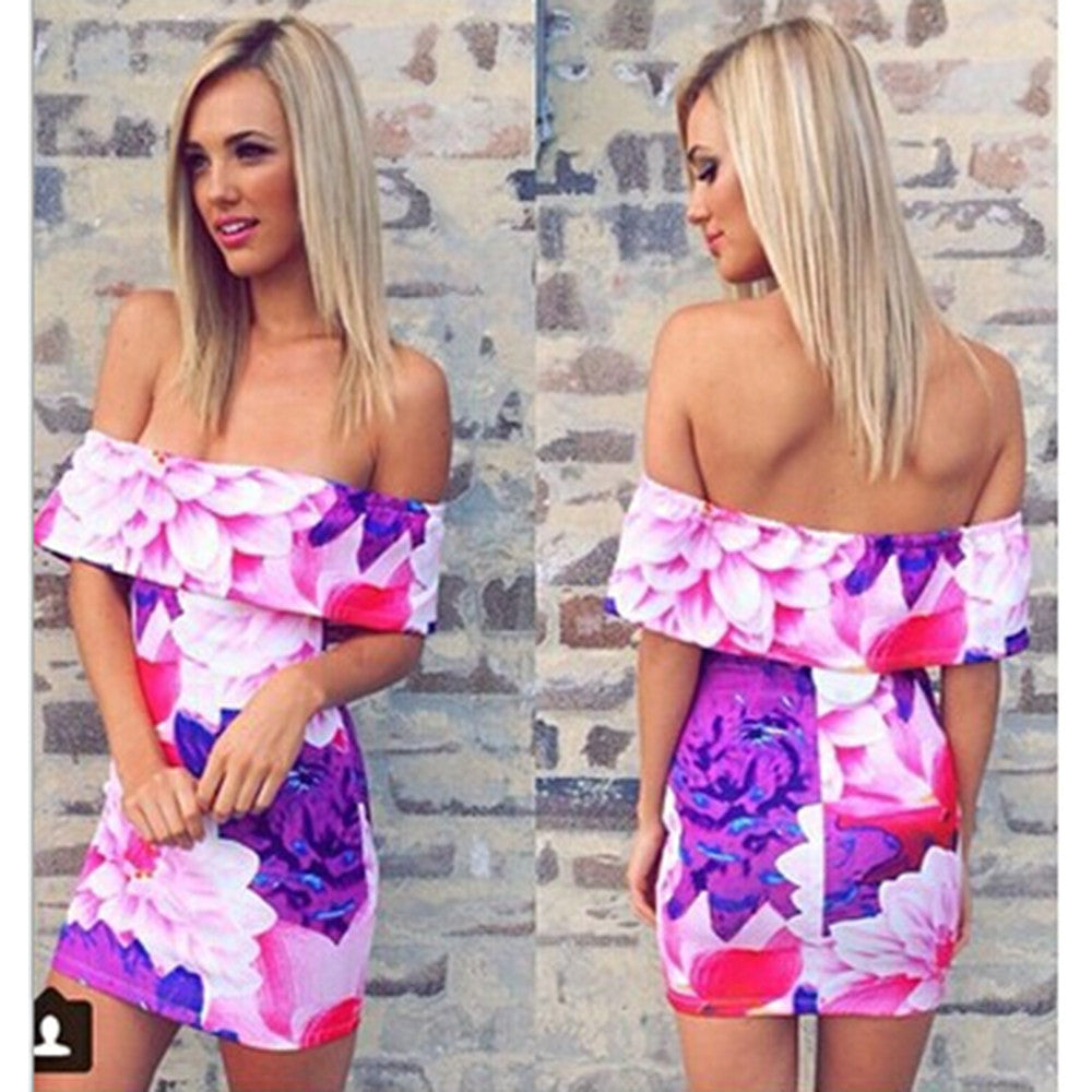 Floral Printing Off-The-Shoulder Sexy Elegant Mini Party Dress women - Mega Save Wholesale & Retail - 1