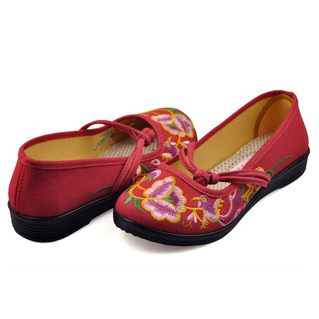 Vintage Chinese Embroidered Flat Ballet Ballerina Cotton Mary Jane Shoes for Women in Ventilated Red Floral Design - Mega Save Wholesale & Retail - 1