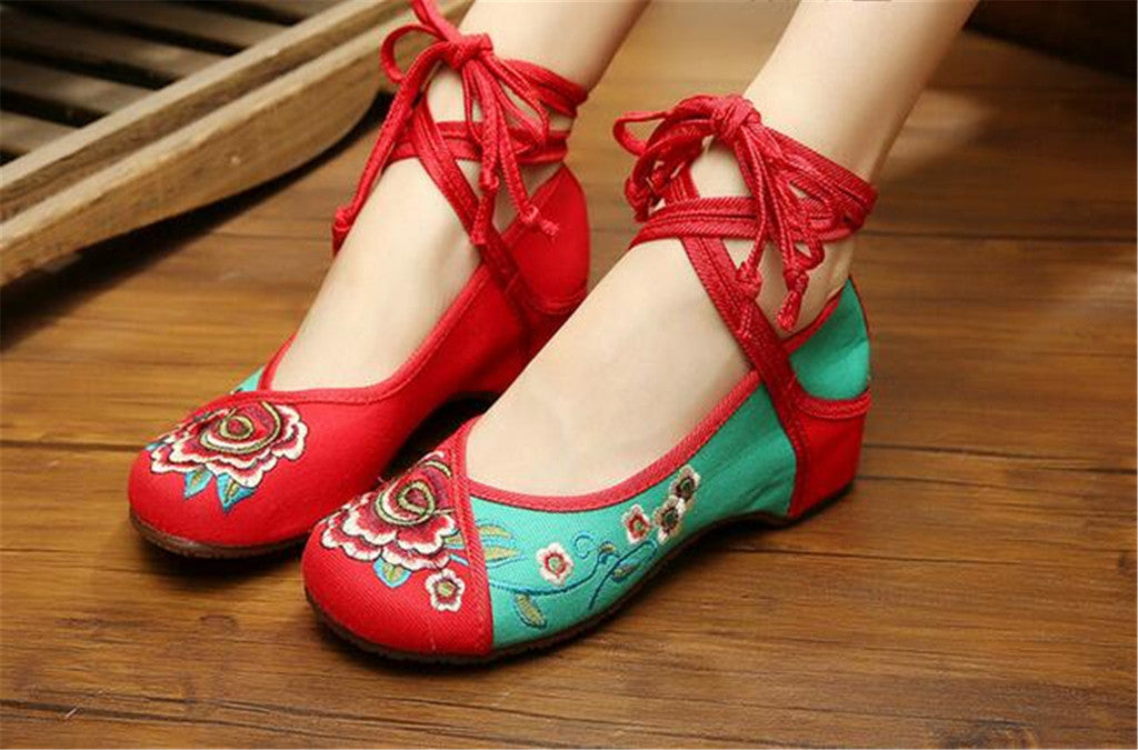 Chinese Embroidered Floral Shoes Women Ballerina Mary Jane Flat Ballet Cotton Loafer Red and Green - Mega Save Wholesale & Retail - 3