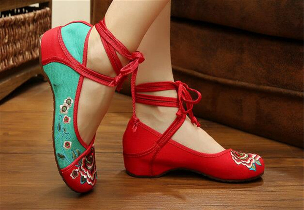 Chinese Embroidered Floral Shoes Women Ballerina Mary Jane Flat Ballet Cotton Loafer Red and Green - Mega Save Wholesale & Retail - 4