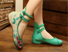 Vintage Embroidered Flat Ballet Ballerina Chinese Mary Jane Shoes for Women in Cotton Green Floral Design - Mega Save Wholesale & Retail - 2