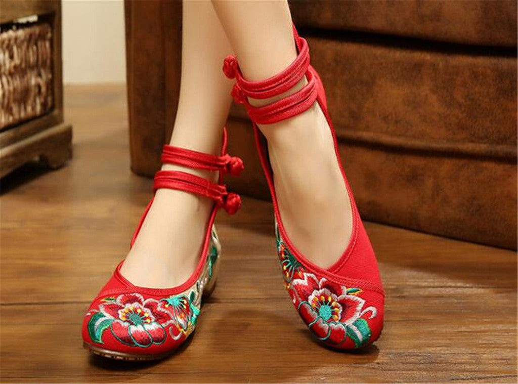 Chinese Embroidered Floral Shoes Women Ballerina Mary Jane Flat Ballet Cotton Loafer Red - Mega Save Wholesale & Retail - 5