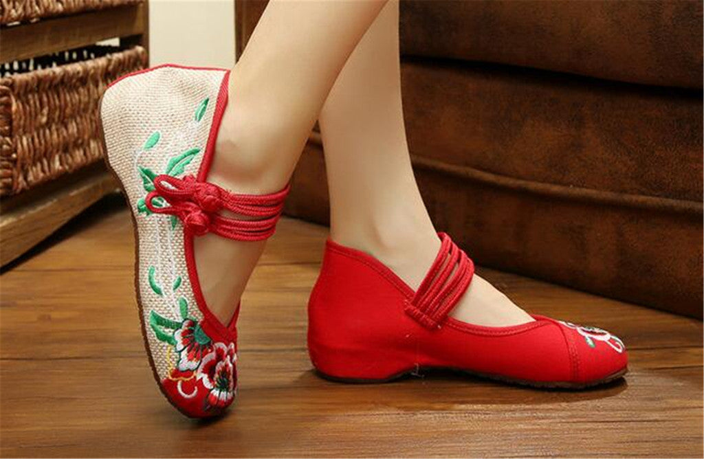 Chinese Embroidered Floral Shoes Women Ballerina Mary Jane Flat Ballet Cotton Loafer Red - Mega Save Wholesale & Retail - 4