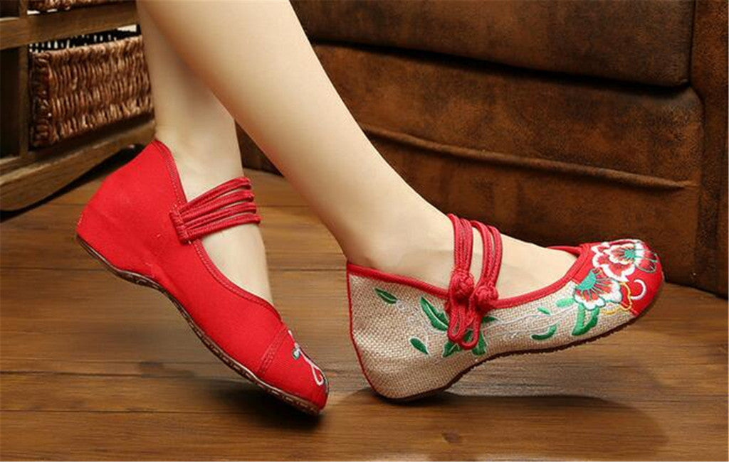 Chinese Embroidered Floral Shoes Women Ballerina Mary Jane Flat Ballet Cotton Loafer Red - Mega Save Wholesale & Retail - 2