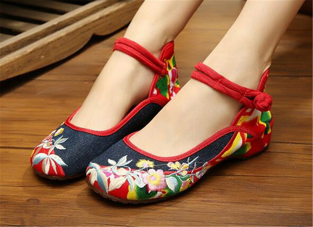 Chinese Embroidered Floral Shoes Women Ballerina Mary Jane Flat Ballet Cotton Loafer - Mega Save Wholesale & Retail - 4